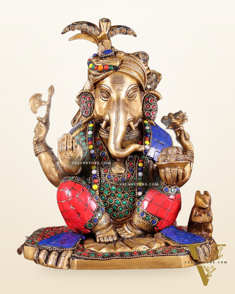 Brass Lord Ganesha Statue with Meenakari Stonework – 9.5"