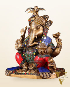 Brass Lord Ganesha Statue with Meenakari Stonework – 9.5"