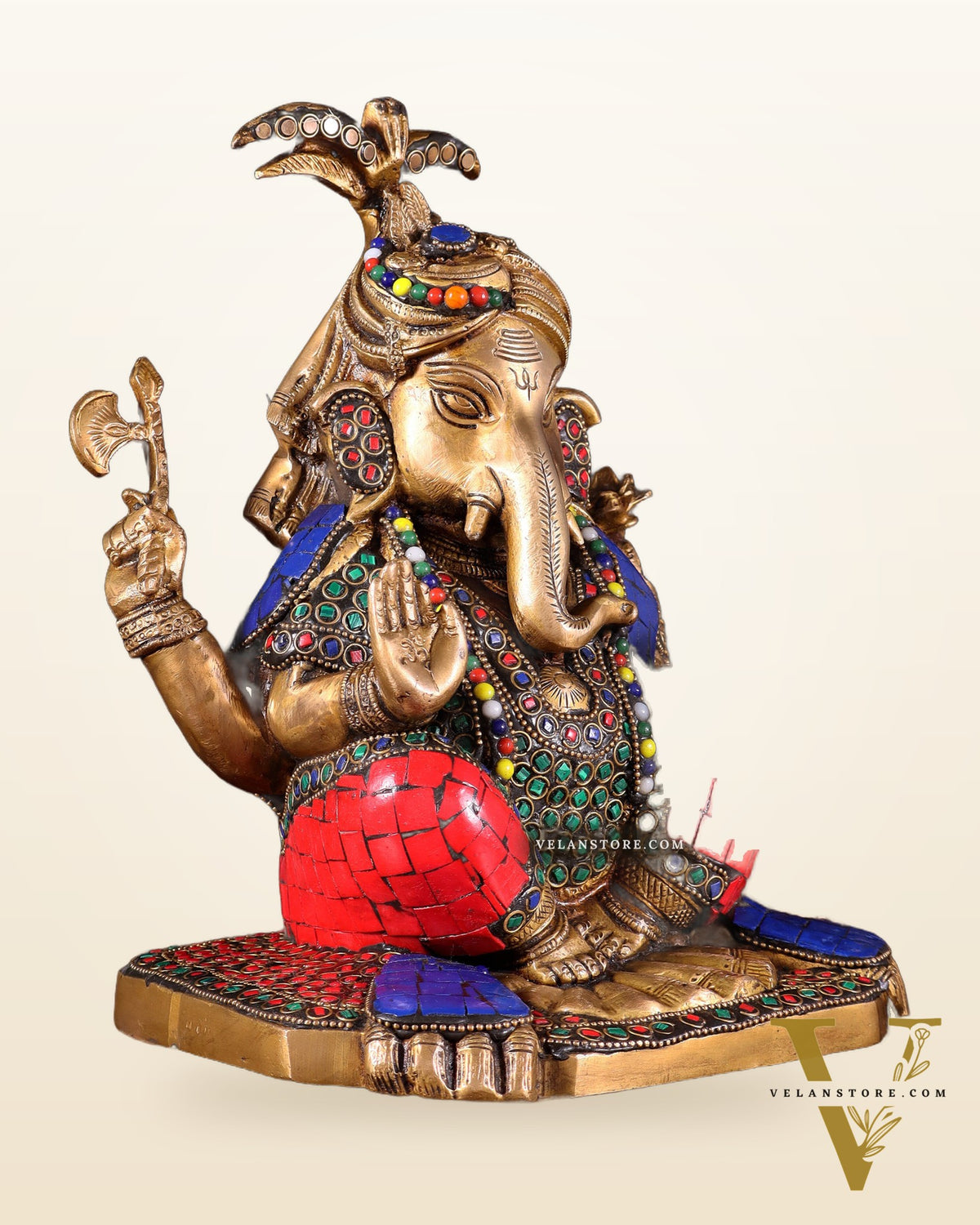Brass Lord Ganesha Statue with Meenakari Stonework – 9.5"