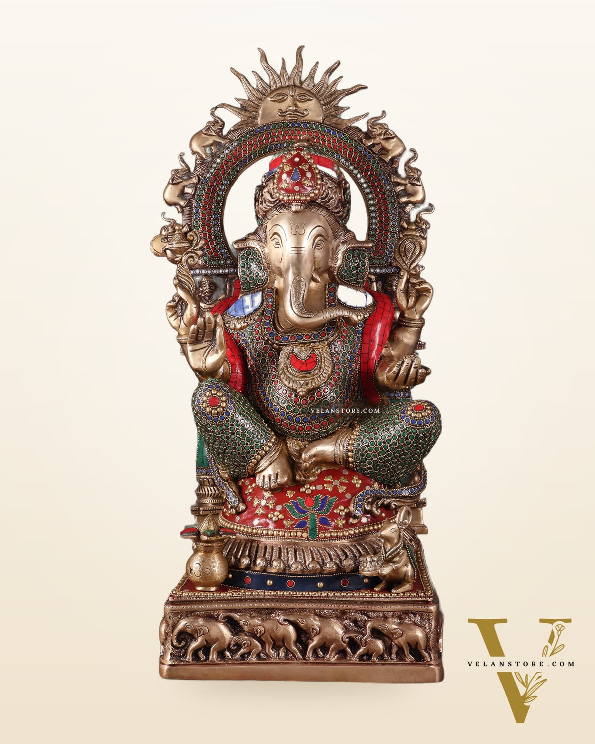 Brass Lord Ganesha Statue with Prabhavali 25 inch meenakari Stonework