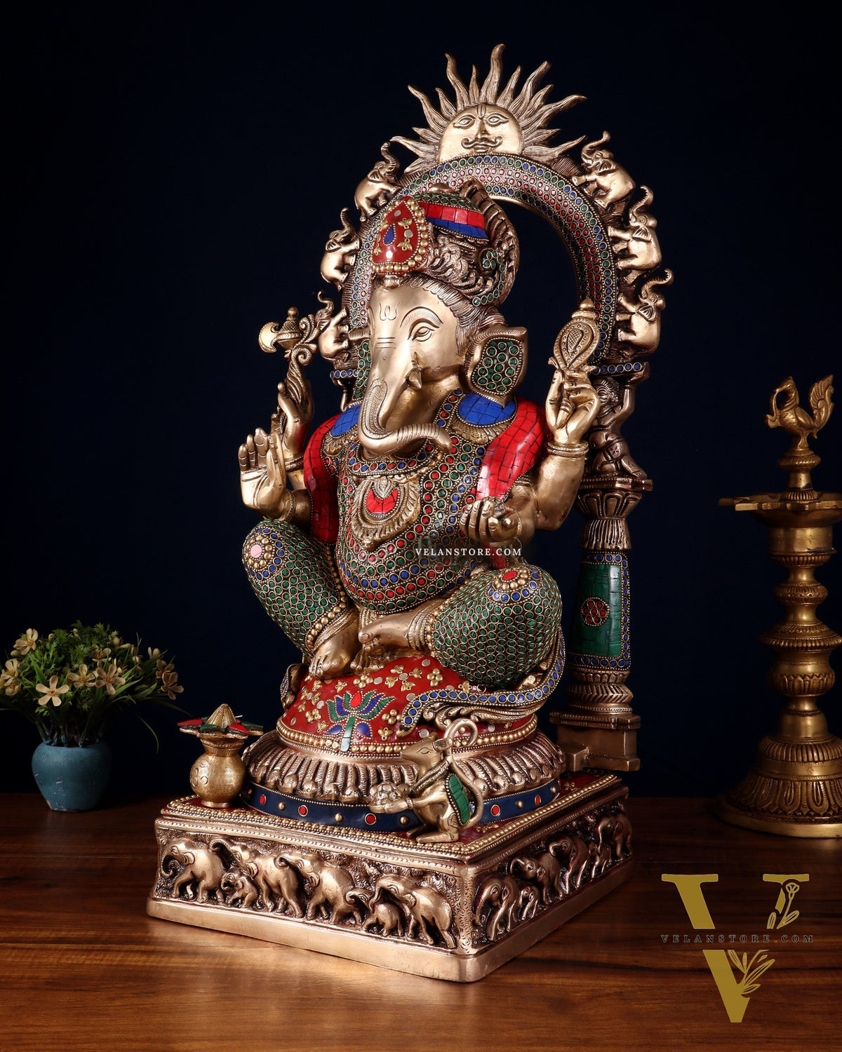 Brass Lord Ganesha Statue with Prabhavali 25 inch meenakari Stonework