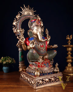 Brass Lord Ganesha Statue with Prabhavali 25 inch meenakari Stonework