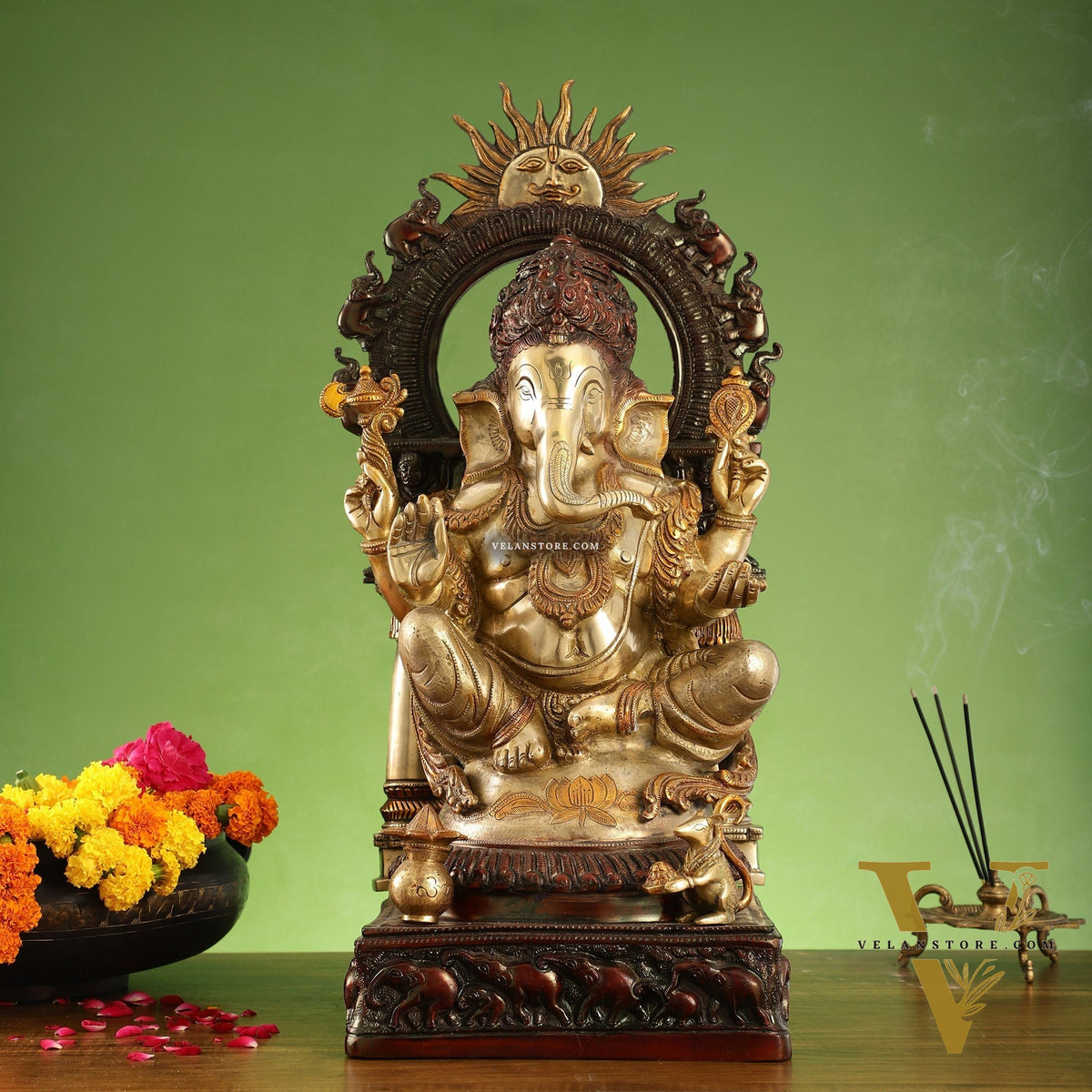 Brass Lord Ganesha Statue with Prabhavali 25 inch