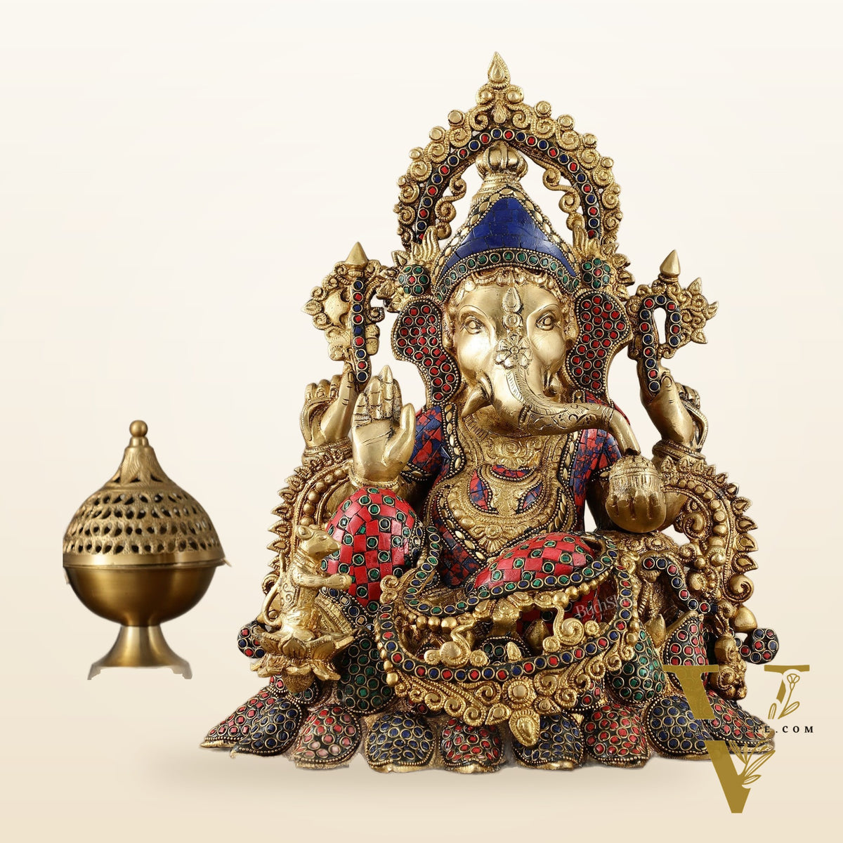 Brass Lord Ganesha statue with sharp features - 16 inches