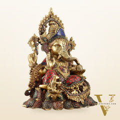 Brass Lord Ganesha statue with sharp features - 16 inches