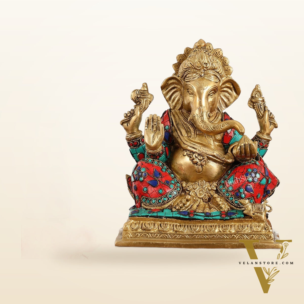 Brass Lord Ganesha Statue with Stonework - 10.5 Inch