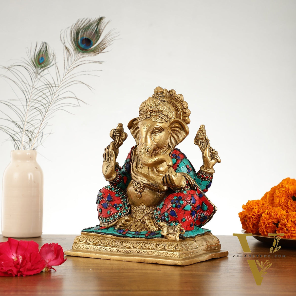 Brass Lord Ganesha Statue with Stonework - 10.5 Inch