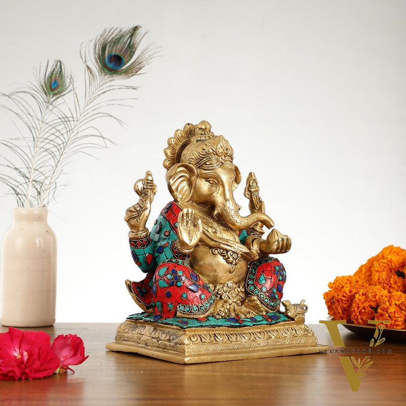 Brass Lord Ganesha Statue with Stonework - 10.5 Inch