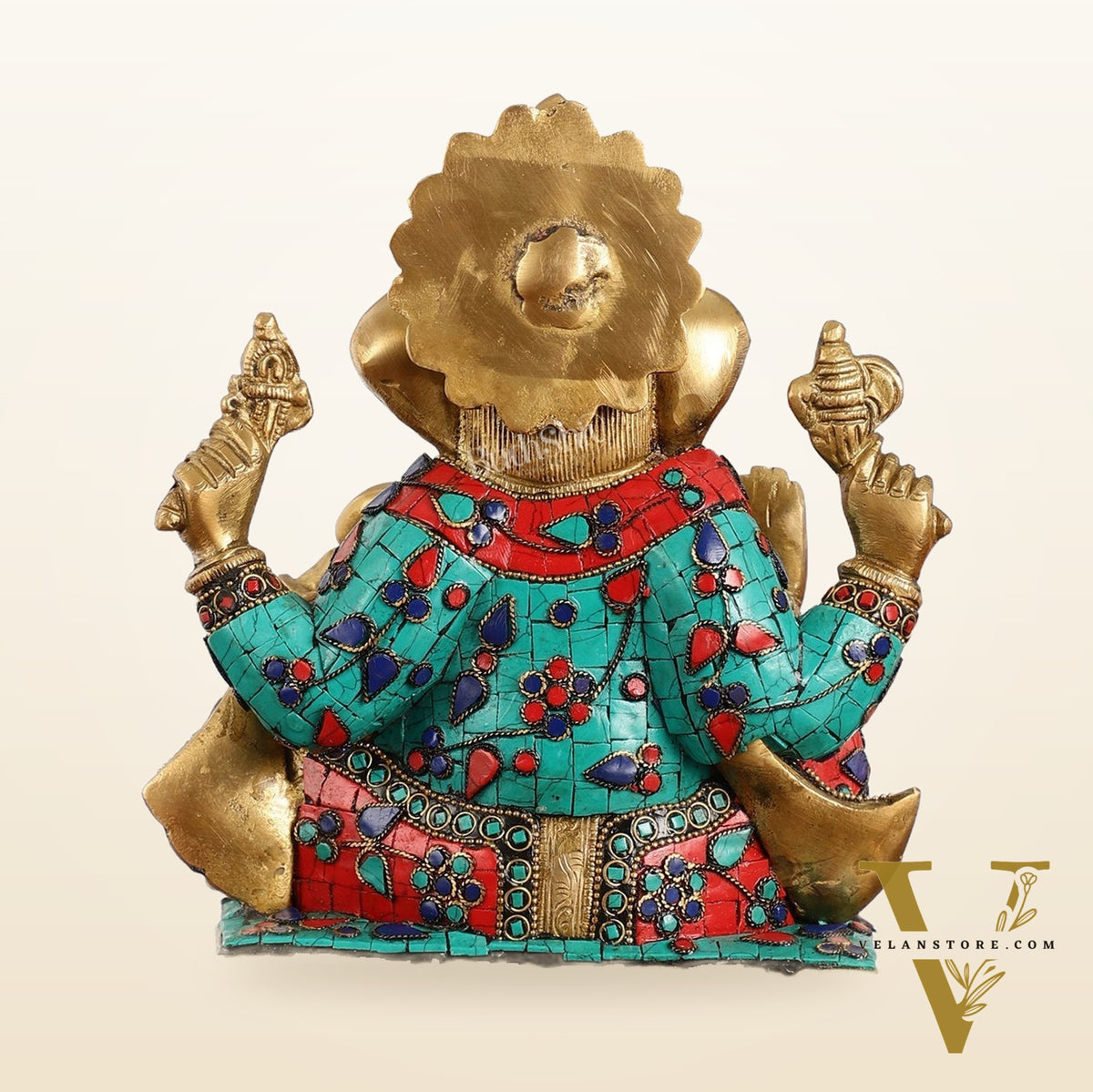 Brass Lord Ganesha Statue with Stonework - 10.5 Inch