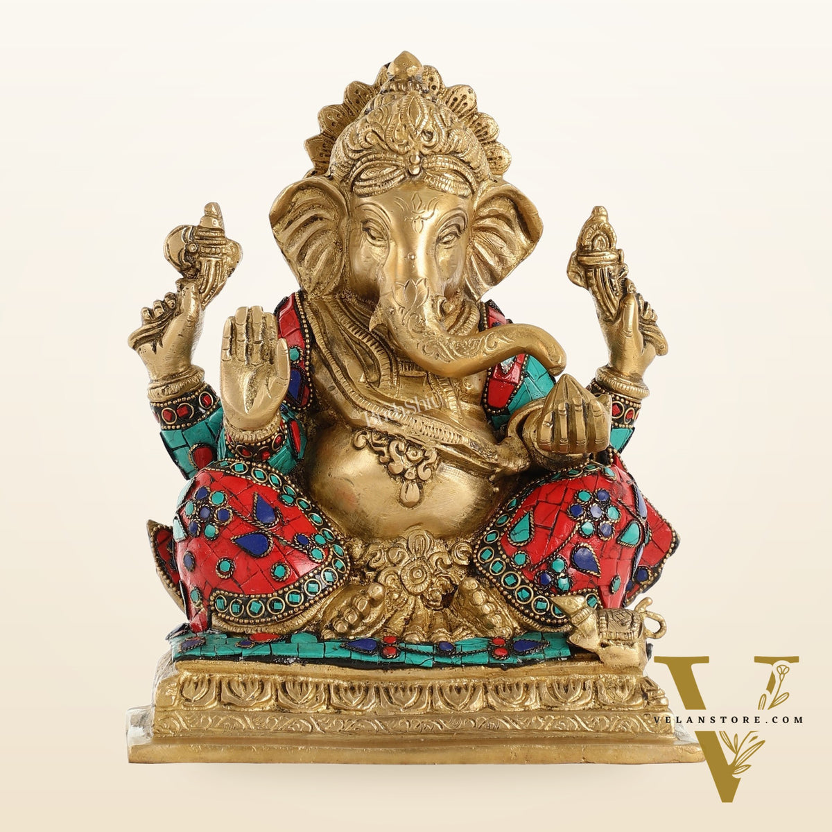 Brass Lord Ganesha Statue with Stonework - 10.5 Inch