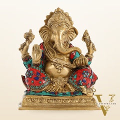 Brass Lord Ganesha Statue with Stonework - 10.5 Inch