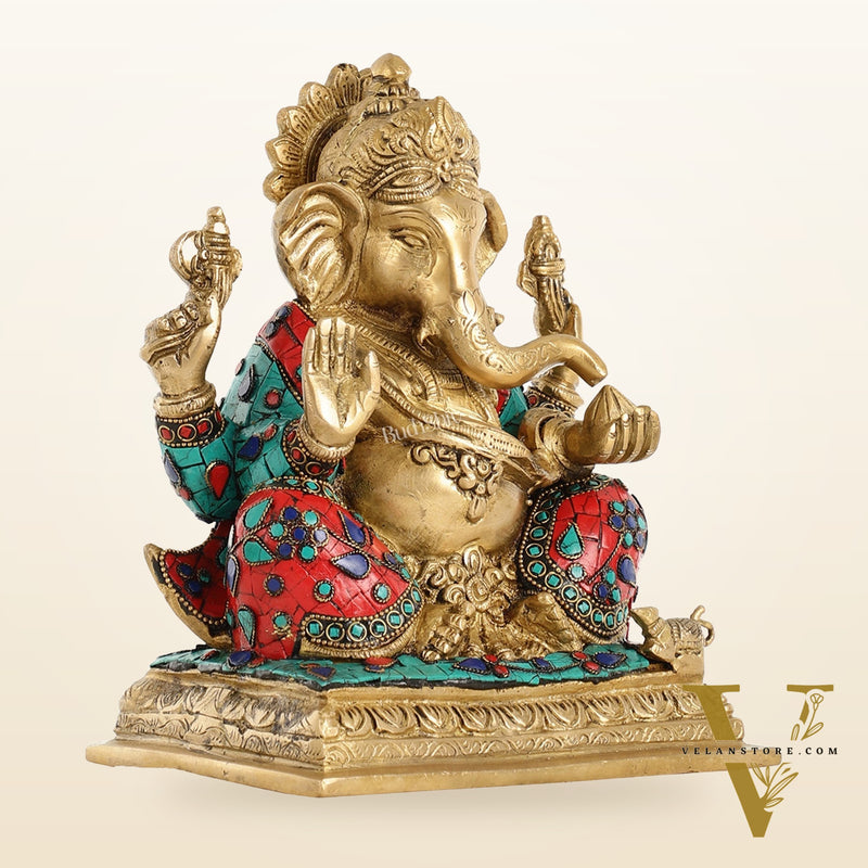 Brass Lord Ganesha Statue with Stonework - 10.5 Inch