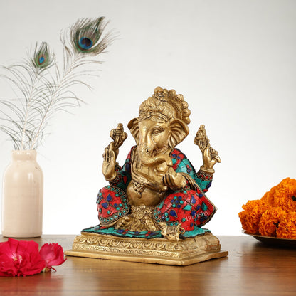 Brass Lord Ganesha Statue with Stonework - 10.5 Inch