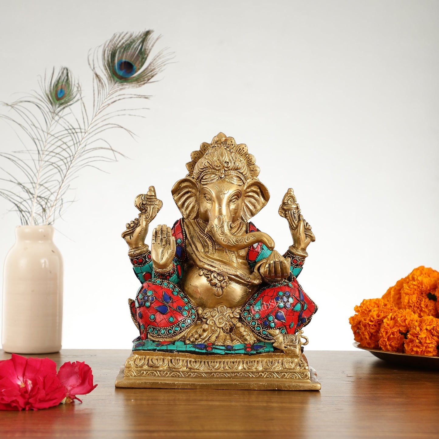 Brass Lord Ganesha Statue with Stonework - 10.5 Inch