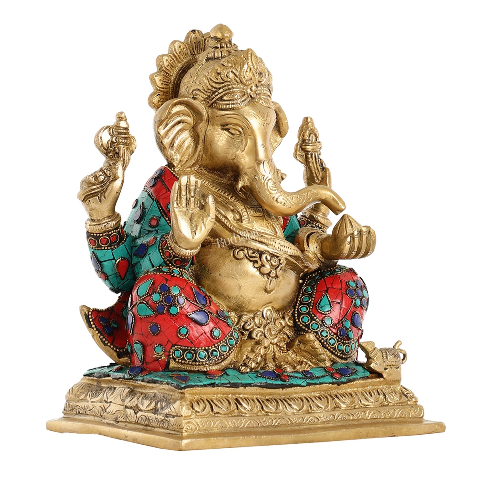Brass Lord Ganesha Statue with Stonework - 10.5 Inch