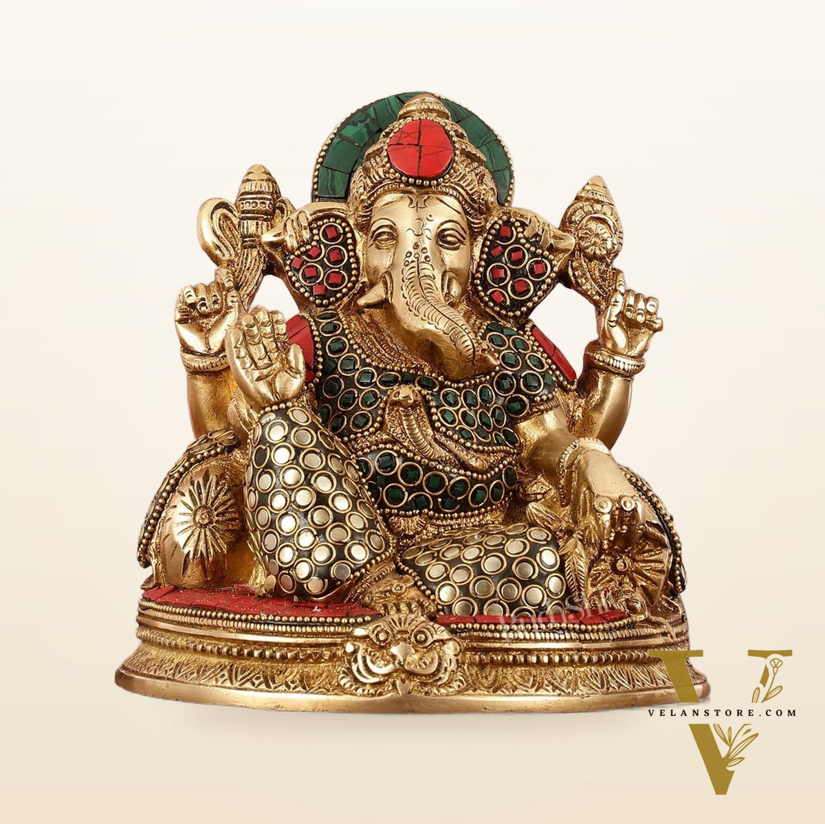 Brass Lord Ganesha Statue with Stonework - 6.5 Inch