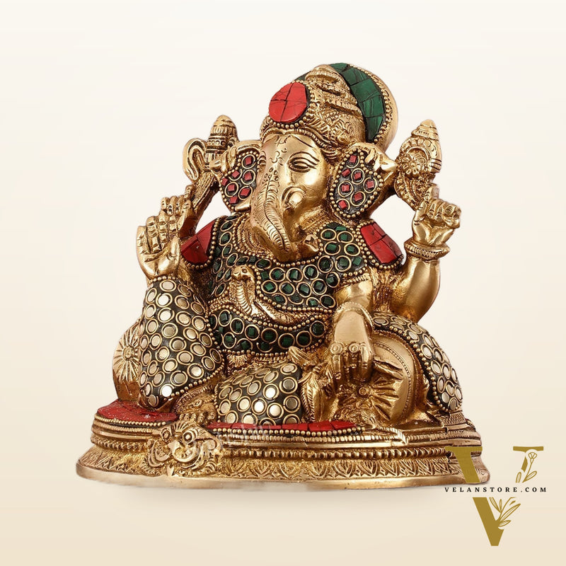 Brass Lord Ganesha Statue with Stonework - 6.5 Inch