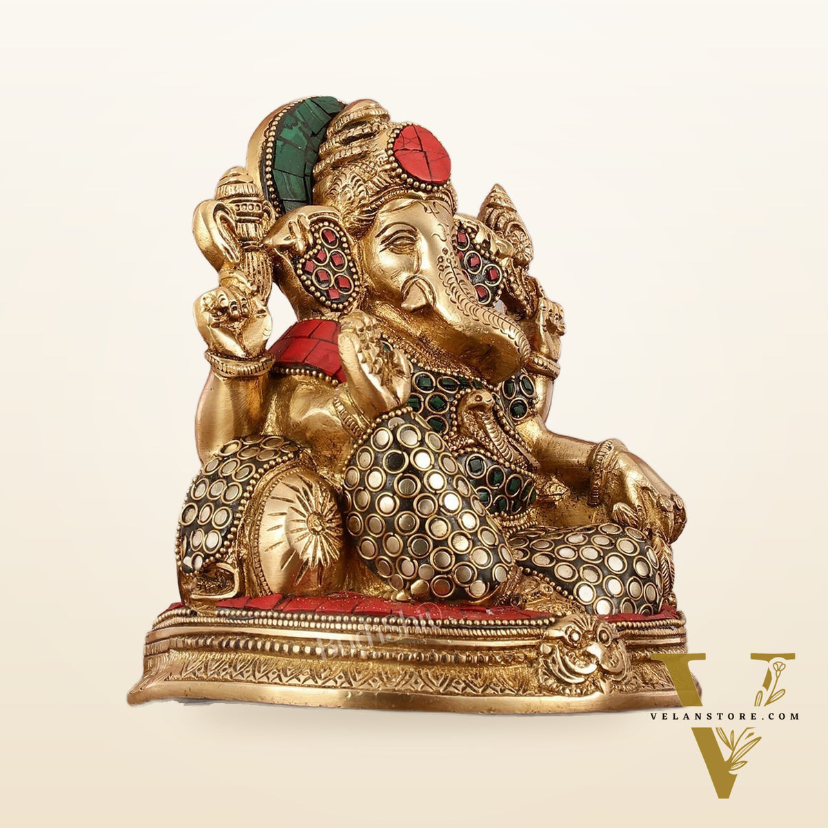 Brass Lord Ganesha Statue with Stonework - 6.5 Inch