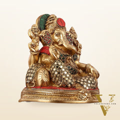 Brass Lord Ganesha Statue with Stonework - 6.5 Inch