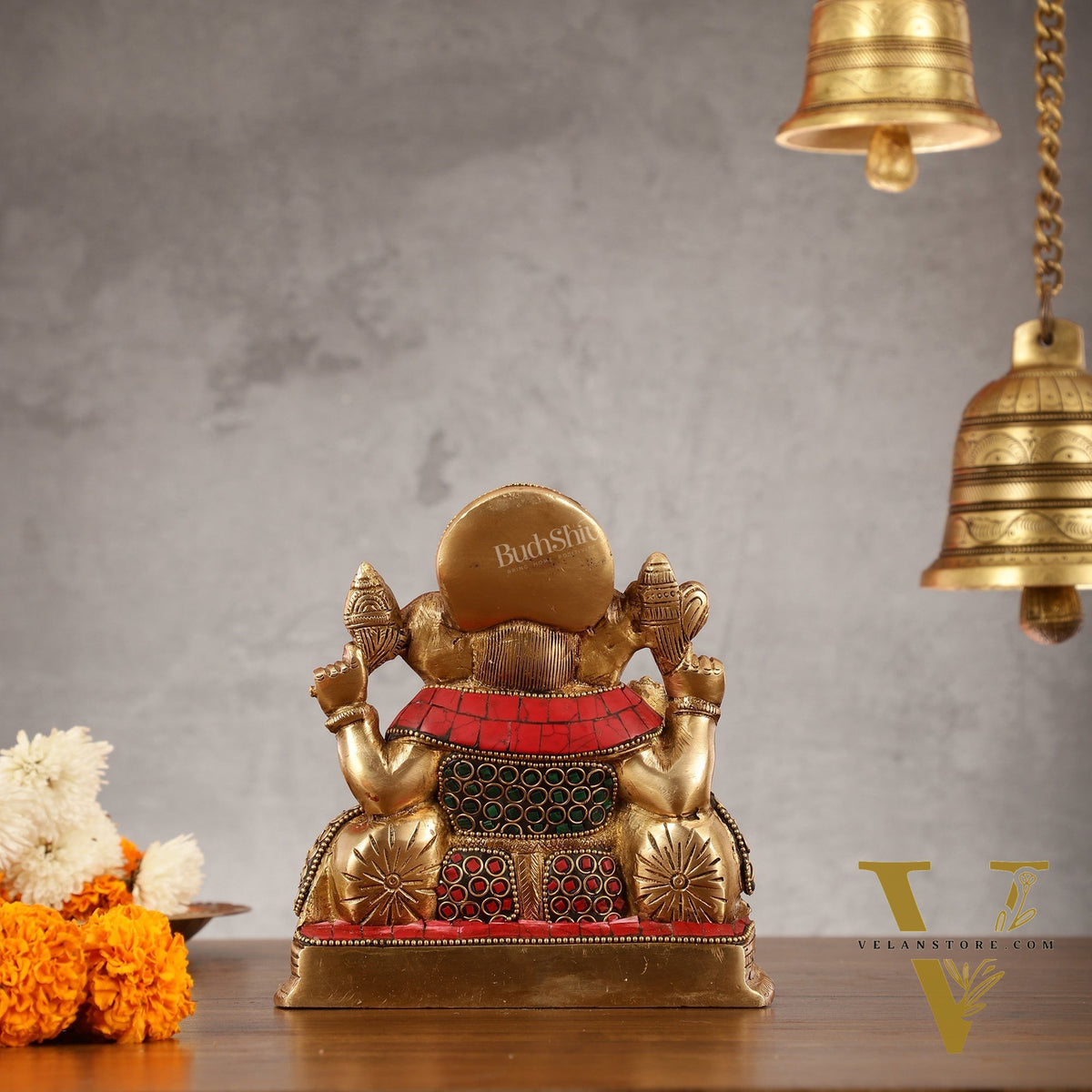 Brass Lord Ganesha Statue with Stonework - 6.5 Inch