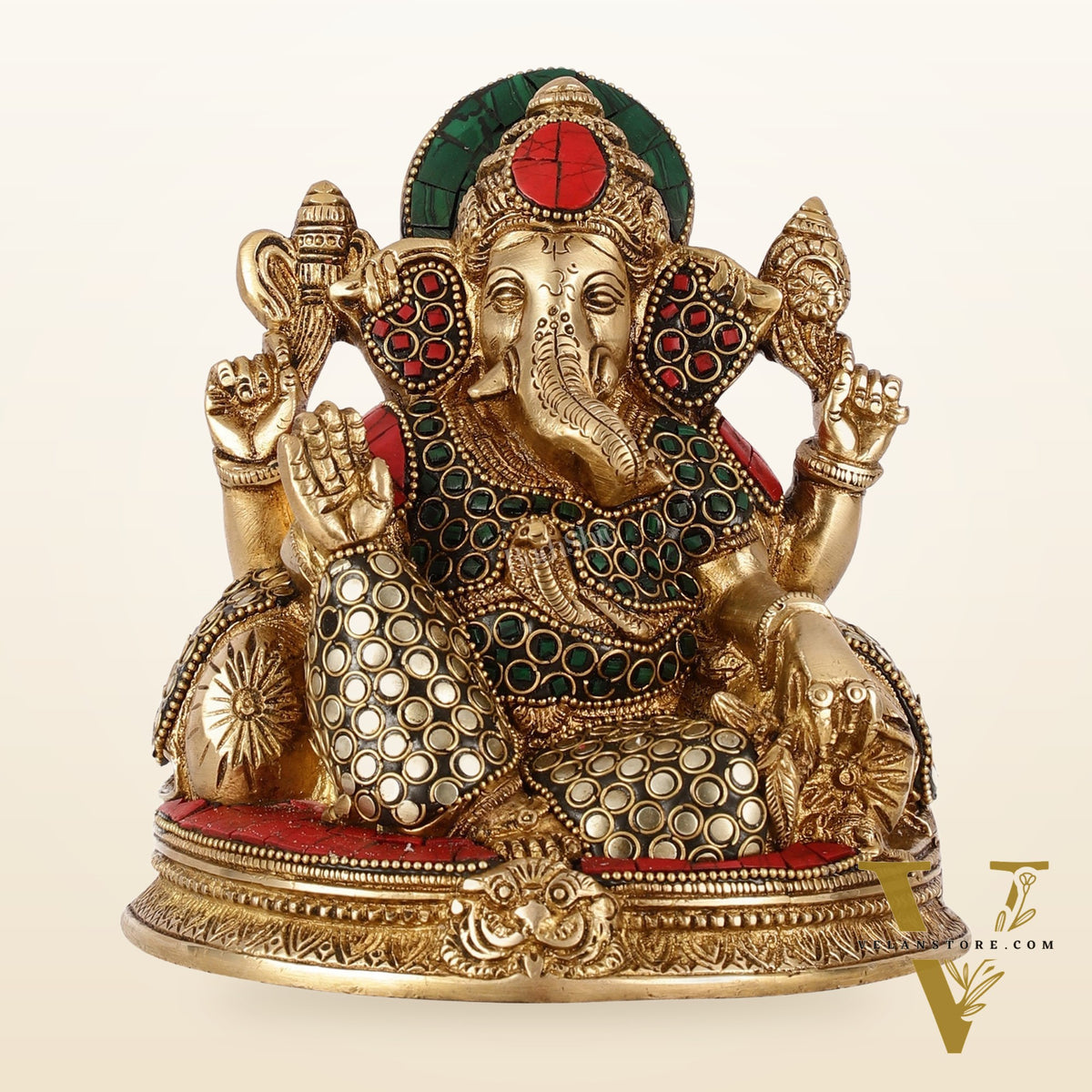 Brass Lord Ganesha Statue with Stonework - 6.5 Inch
