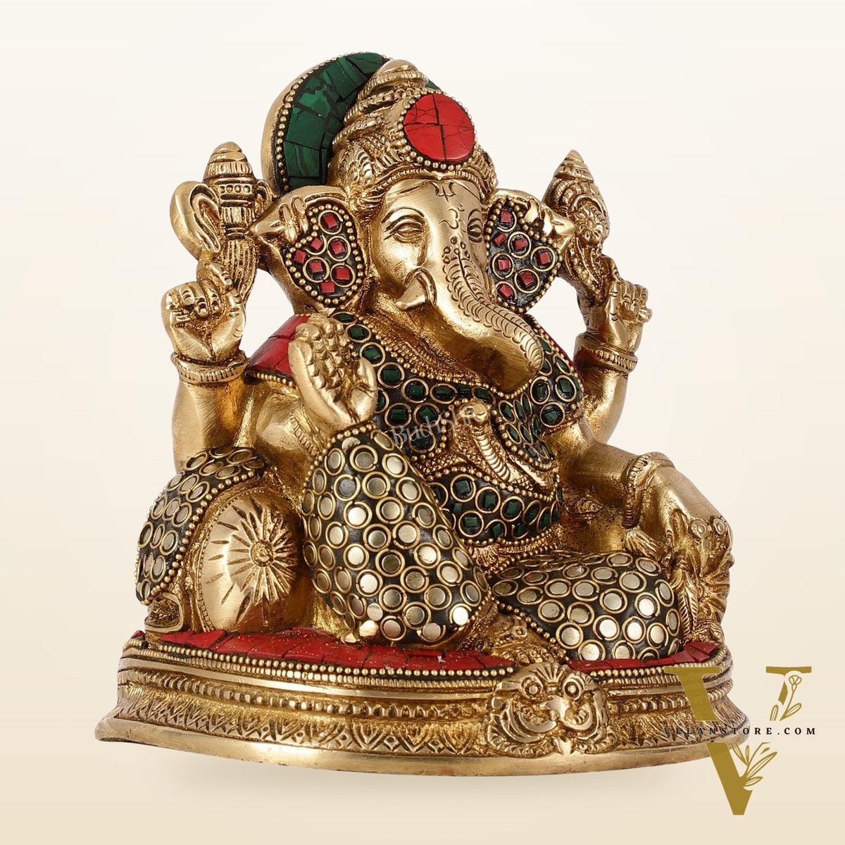 Brass Lord Ganesha Statue with Stonework - 6.5 Inch