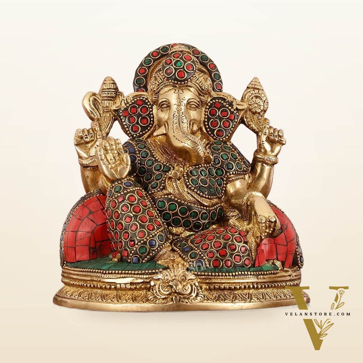 Brass Lord Ganesha Statue with Stonework - 6.5 Inch