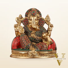 Brass Lord Ganesha Statue with Stonework - 6.5 Inch