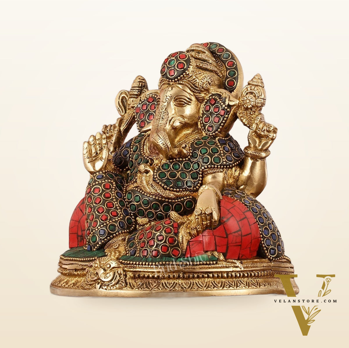 Brass Lord Ganesha Statue with Stonework - 6.5 Inch