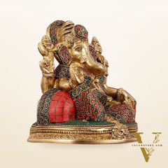 Brass Lord Ganesha Statue with Stonework - 6.5 Inch