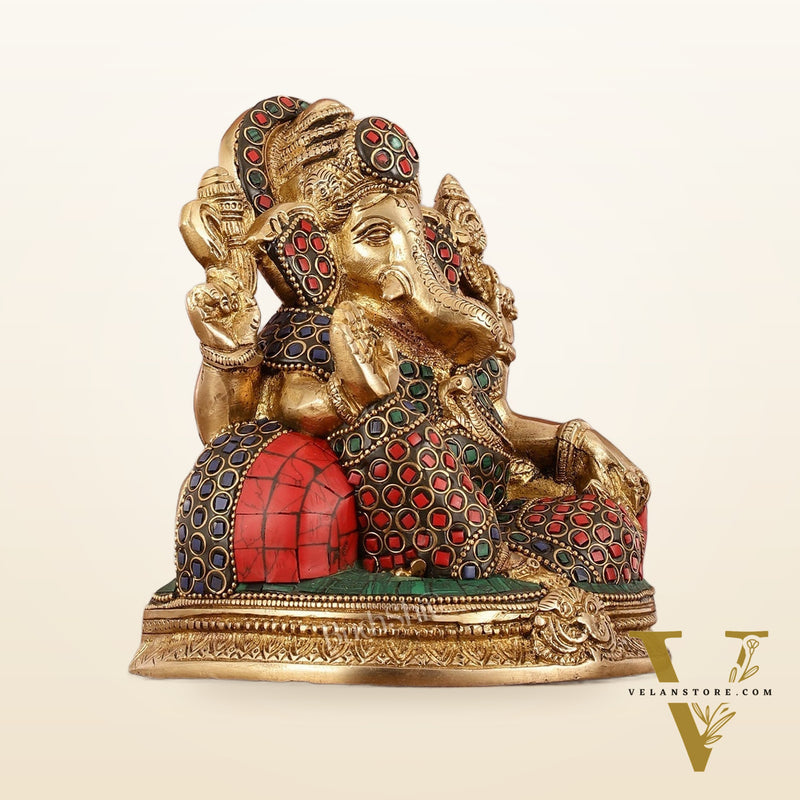 Brass Lord Ganesha Statue with Stonework - 6.5 Inch