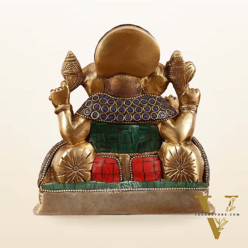 Brass Lord Ganesha Statue with Stonework - 6.5 Inch