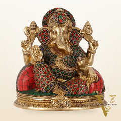 Brass Lord Ganesha Statue with Stonework - 6.5 Inch