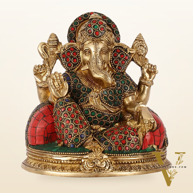 Brass Lord Ganesha Statue with Stonework - 6.5 Inch