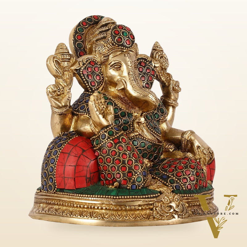 Brass Lord Ganesha Statue with Stonework - 6.5 Inch