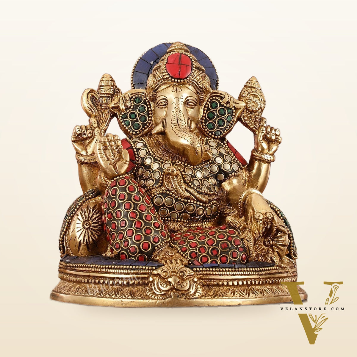 Brass Lord Ganesha Statue with Stonework - 6.5 Inch