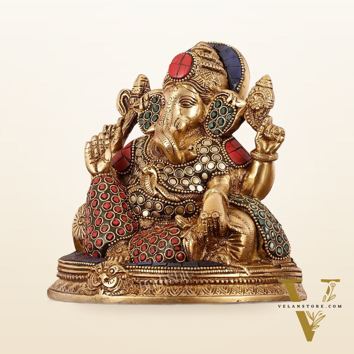 Brass Lord Ganesha Statue with Stonework - 6.5 Inch