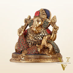 Brass Lord Ganesha Statue with Stonework - 6.5 Inch