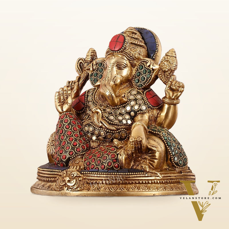Brass Lord Ganesha Statue with Stonework - 6.5 Inch
