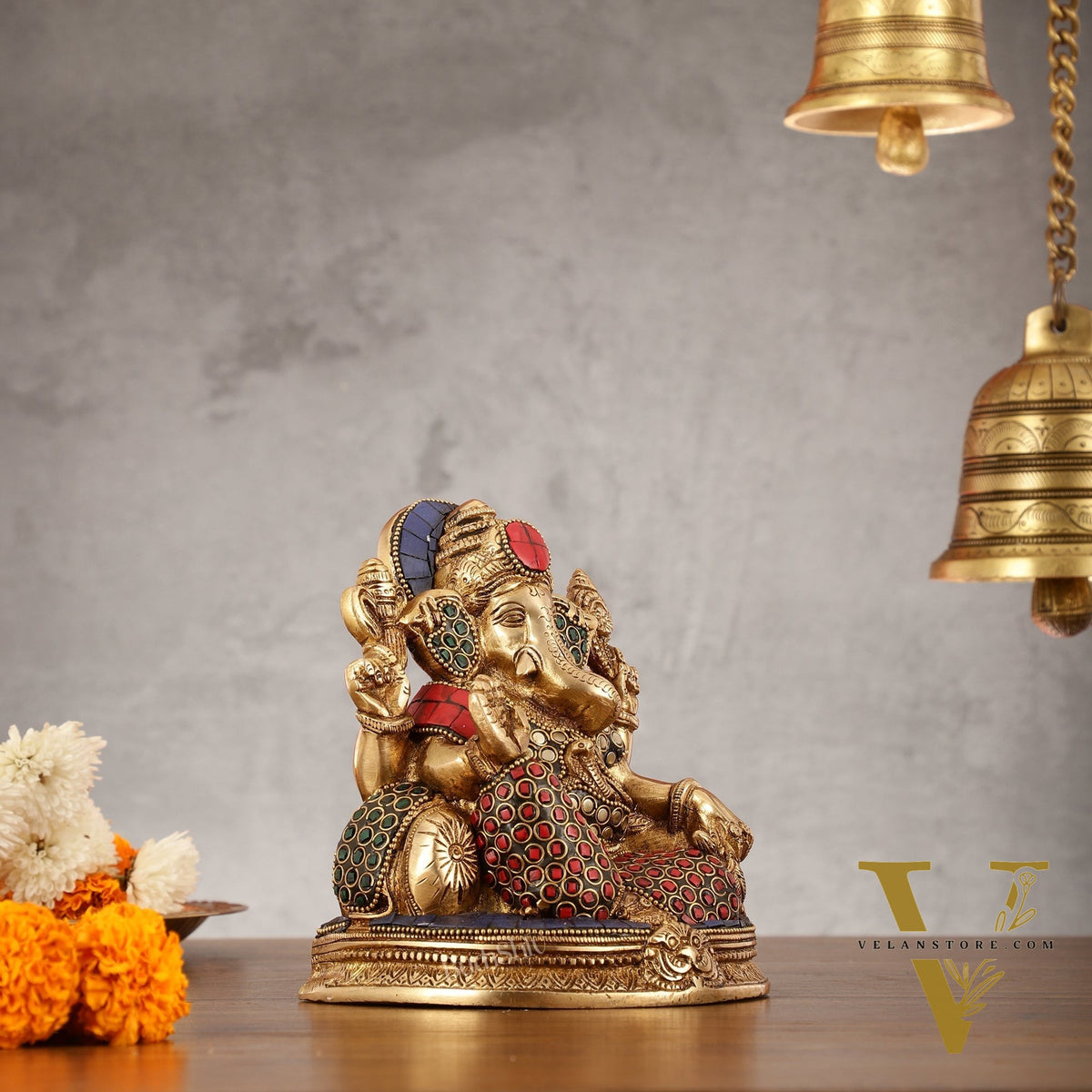 Brass Lord Ganesha Statue with Stonework - 6.5 Inch
