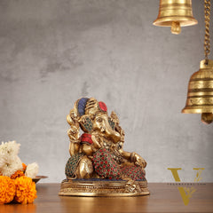 Brass Lord Ganesha Statue with Stonework - 6.5 Inch