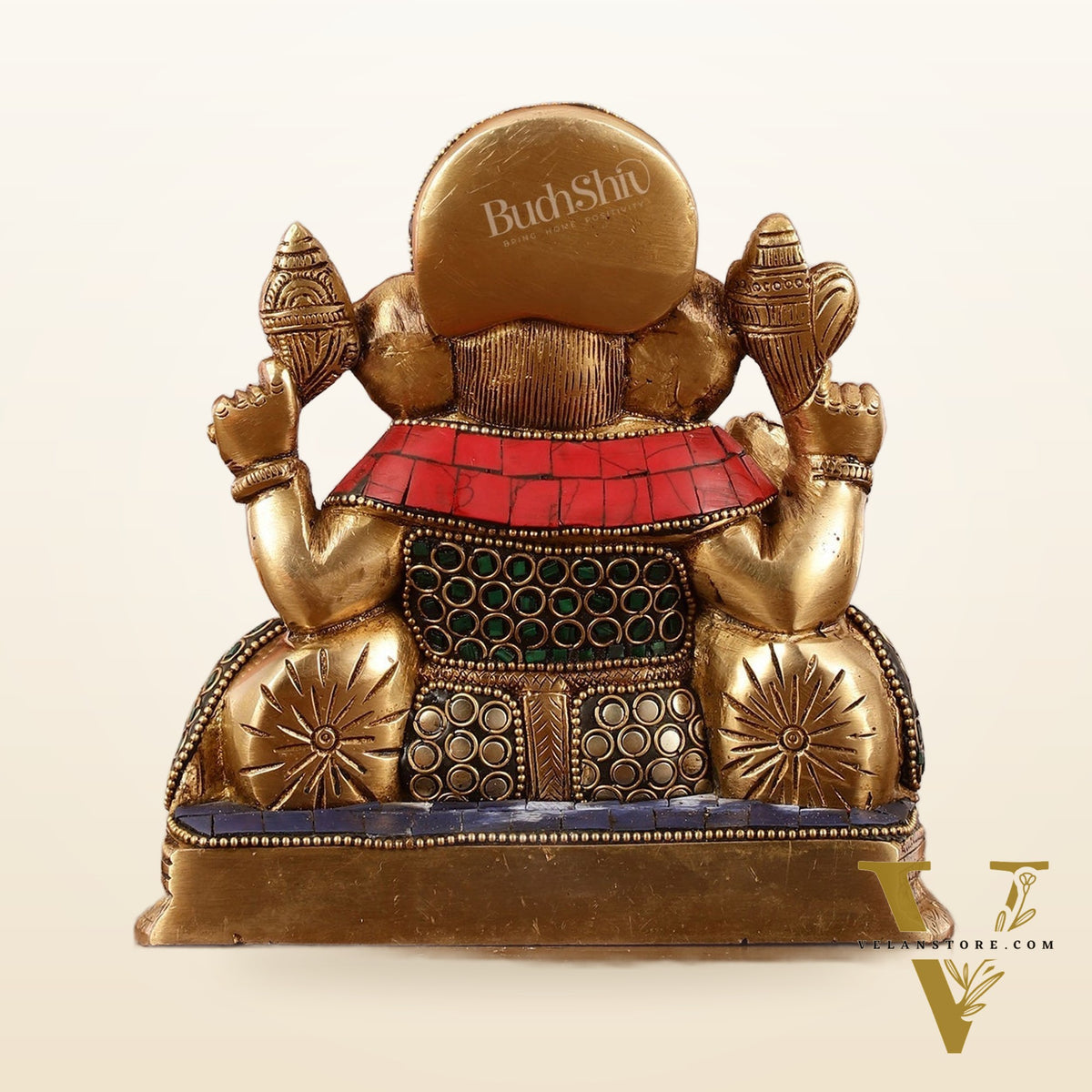 Brass Lord Ganesha Statue with Stonework - 6.5 Inch