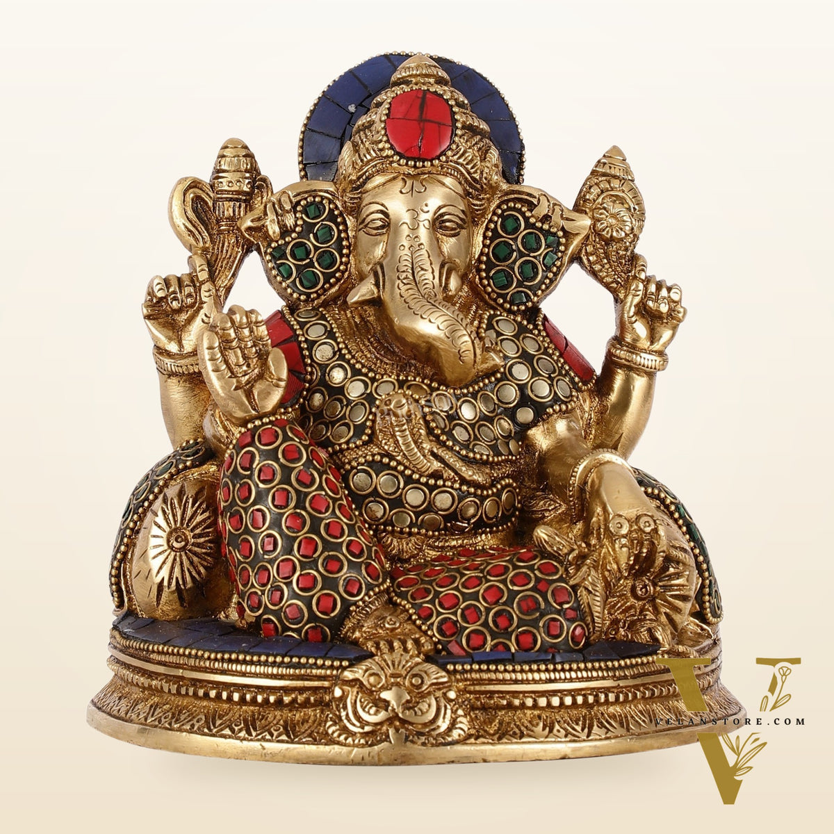Brass Lord Ganesha Statue with Stonework - 6.5 Inch