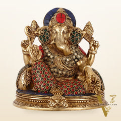 Brass Lord Ganesha Statue with Stonework - 6.5 Inch