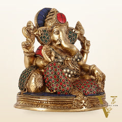 Brass Lord Ganesha Statue with Stonework - 6.5 Inch