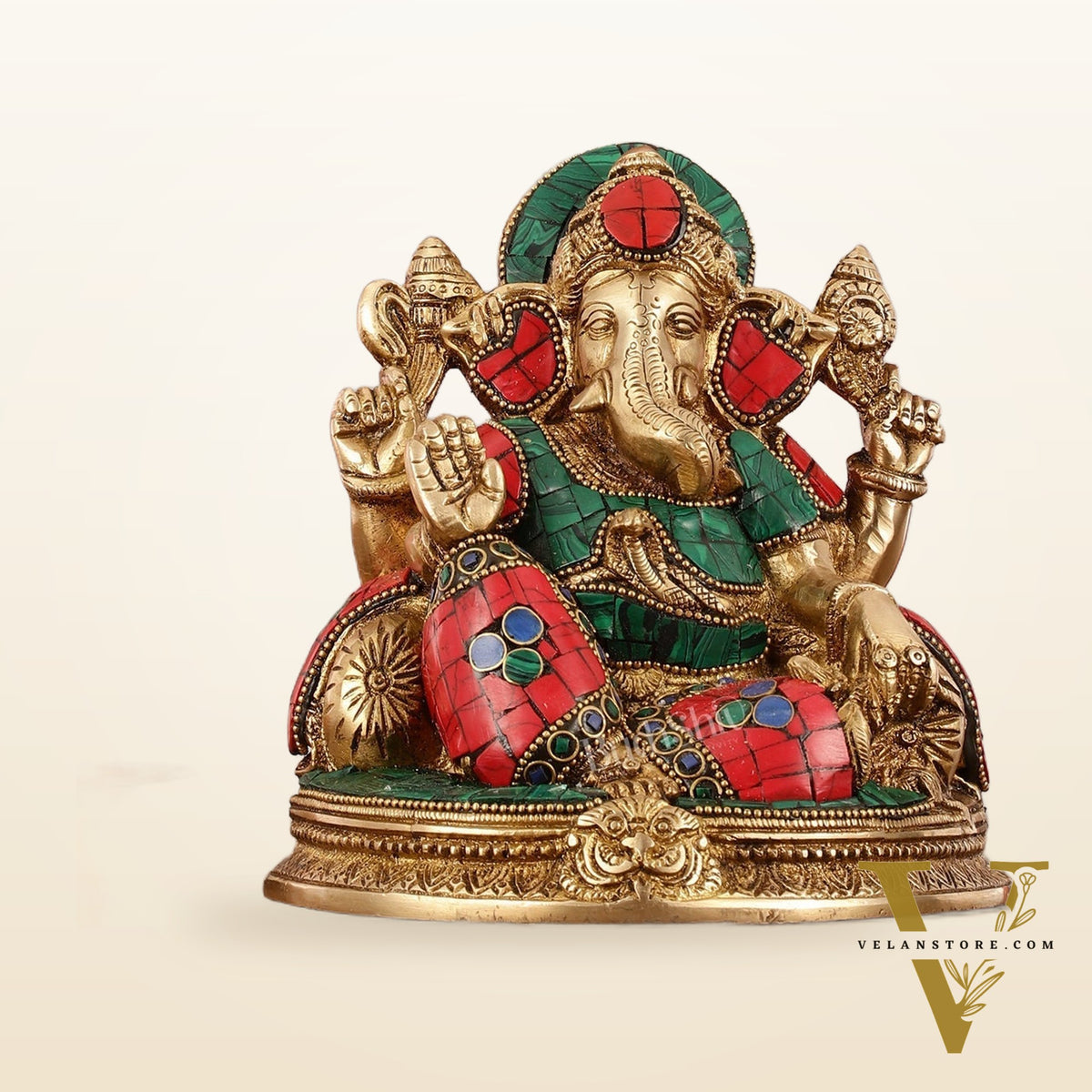 Brass Lord Ganesha Statue with Stonework - 6.5 Inch