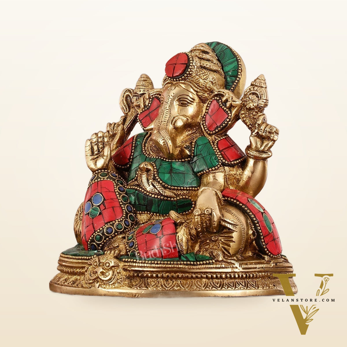 Brass Lord Ganesha Statue with Stonework - 6.5 Inch