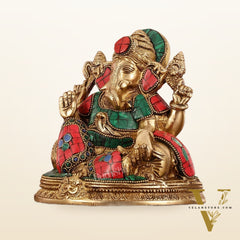 Brass Lord Ganesha Statue with Stonework - 6.5 Inch