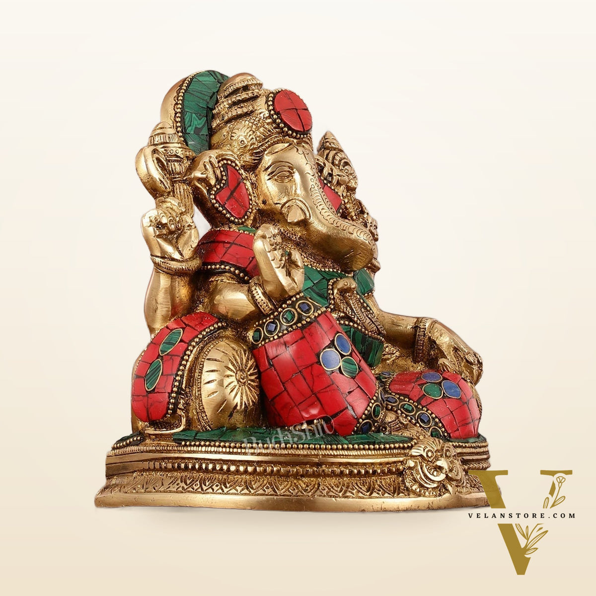 Brass Lord Ganesha Statue with Stonework - 6.5 Inch