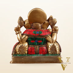 Brass Lord Ganesha Statue with Stonework - 6.5 Inch